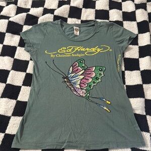 Ed Hardy Teal T-Shirt with Vibrant Butterfly